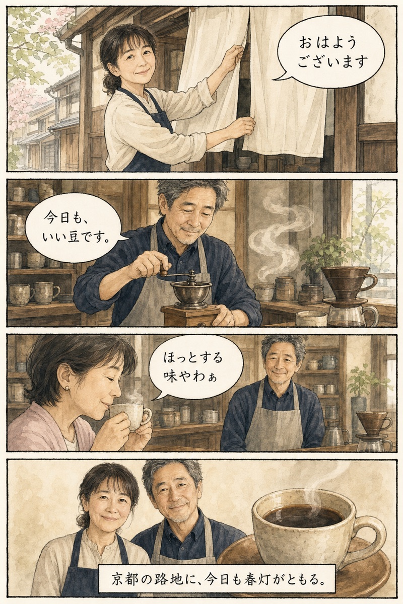 4コマ漫画「春灯ものがたり」第1話・朝のはじまり。暖簾を掛ける奥さん、豆を挽くご主人、ほっと一息つく常連さん。